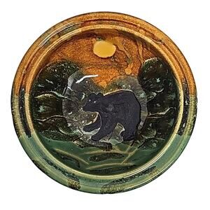 Signed Gatlinburg Judy Jones Pottery Bowl with Bear Green Tan No Chip Cracks